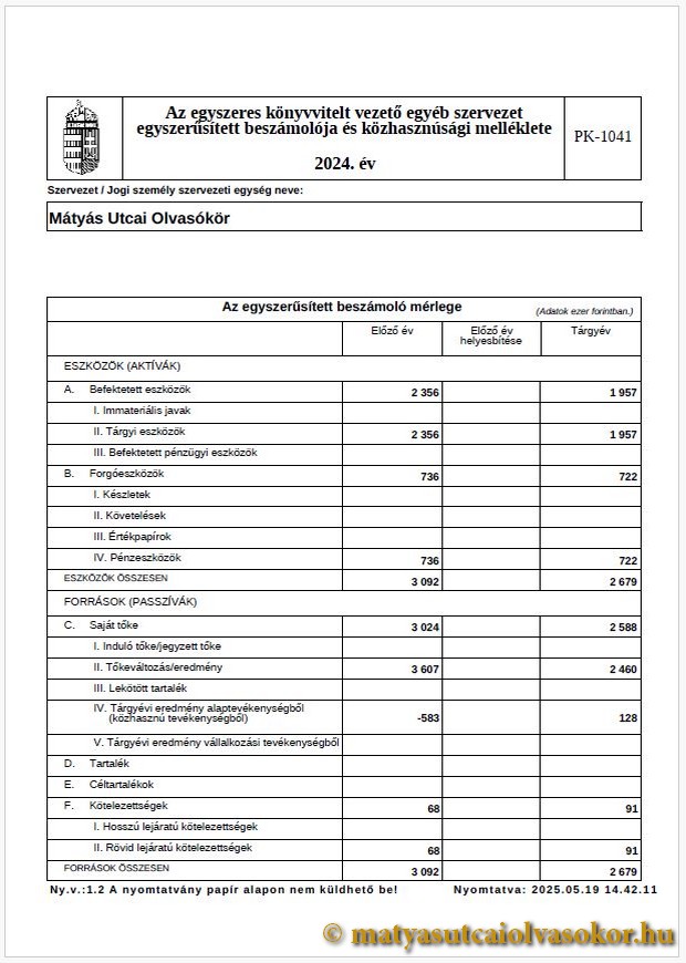 Az egyszeres könyvvitelt vezető egyéb szervezet egyszerűsített beszámolója és közhasznúsági melléklete - 2024. év, 3/8 oldal. Előnézeti kép.