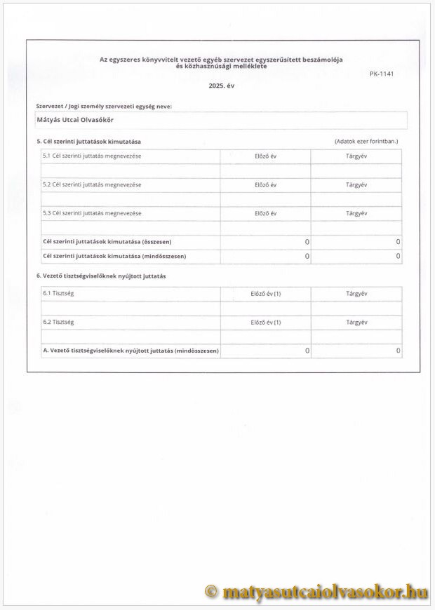 Az egyszeres könyvvitelt vezető egyéb szervezet egyszerűsített beszámolója és közhasznúsági melléklete - 2025. év, 7/10 oldal. Előnézeti kép.